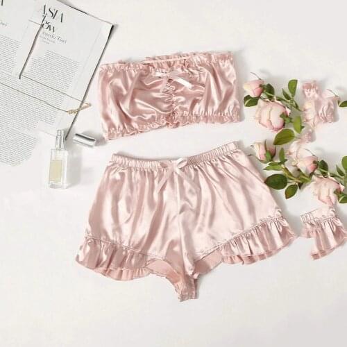 Ladies Sexy Lingerie Set Pink Satin Bowknot Tube Top Panties Suit Ladies Underwear Set sous vetement femme нижнее белье женское