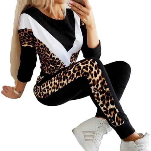 Pant Sets Women Autumn Leisure elegance Round Neck Leopard Patchwork Sweatshirt Pant Sportwear Tracksuit Womens Clothing 2021