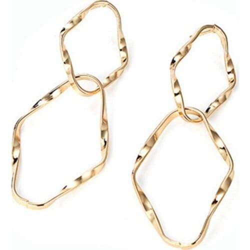 Korean Irregular Geometric Twist Rhombus Metal Earrings for Women Hollow Cirlcles Fashion Vintage Long Earrings Wedding Jewelry