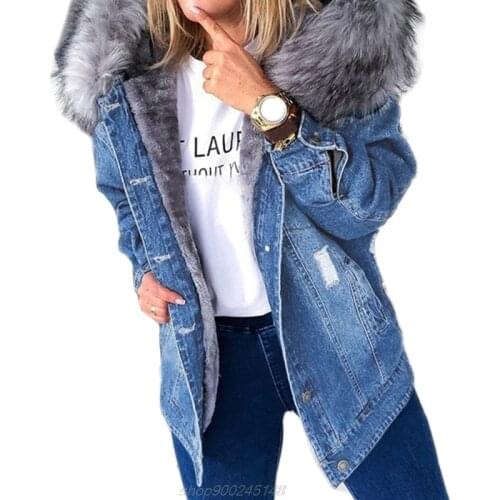 Women Winter Warm Fluffy Collar Hooded Denim Jacket Plush Lined Warm Long Sleeve Jean Coat Button Down Outerwear M03 21 Dropship