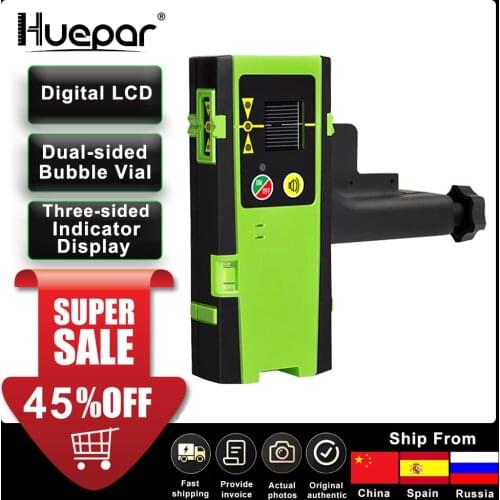 Huepar Digital LCD Laser Receiver Outdoor Mode Laser Detector Pulsing Detect Red & Green Beam Cross Line Laser Level With Clamp