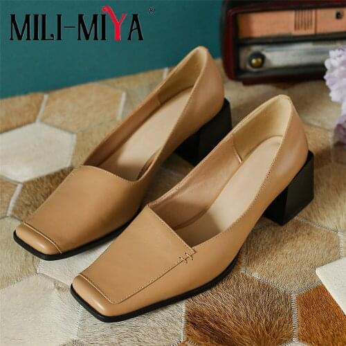 MILI-MIYA New Arrival Fashion Square Toe Women Cow Leather Pumps Thick Heels Slip On Spring Autumn Office Career Shoes For Lady
