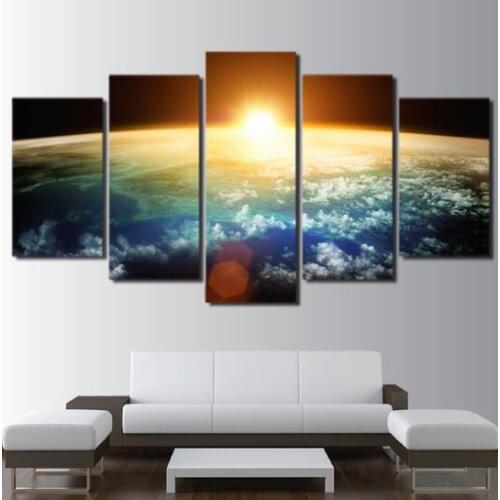 Wall Art Pictures Home Decor Living Room HD Prints 5 Piece Sun Rising Over Earth Poster Universe Space Canvas Painting Framework
