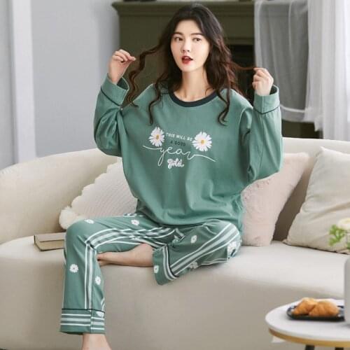 Pajama Suit Women Autumn Pure Cotton Long-Sleeved Trousers Autumn And Winter Round Neck Pullover Medium-Thick Casual Home Wear