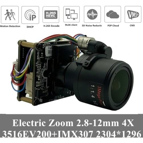 4PCS Electric Zoom 2.8-12mm 4X IP Camera Module Board 3516EV200+IMX307 3MP 2304*1296 IRC Low Illumination Onvif CMS XMEYE P2P