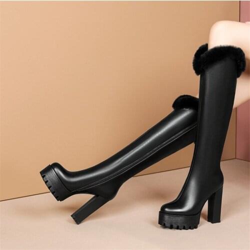 PXELENA Luxury Natural Fur Genuine Leather Knee High Riding Boots Women Dress Party Evening Shoes Lady Winter Super High Heel 40