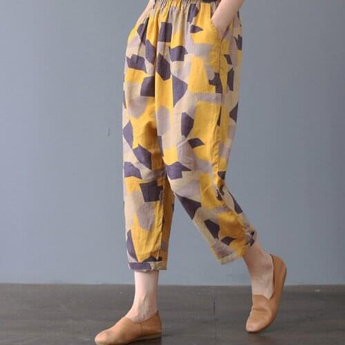 Size M-4XL Casual Linen Pants 2021 Womens Trousers Vintage Polka Dot Pantalon Female Elastic Waist Printed Turnip Harem Pants