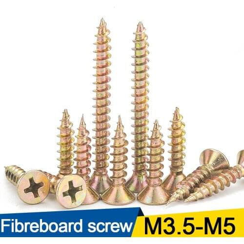 30pcs cross recessed countersunk fibreboard chipboard screws m3.5 m4 m5 yellow zinc coated flat head self tapping wood screw