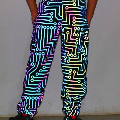 Men geometric circuit lines colorful reflective hip hop pants women harajuku punk joggers casual jogging sweatpants