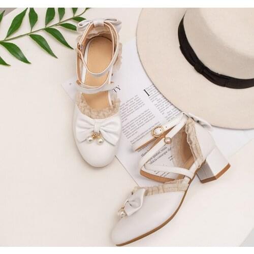 Spring 2020 New Fairy Shoes Pearls Chunky-heel Shoes Show s Large Tong Dan Xie Bow Sweet Students Loli Lolita Shoes