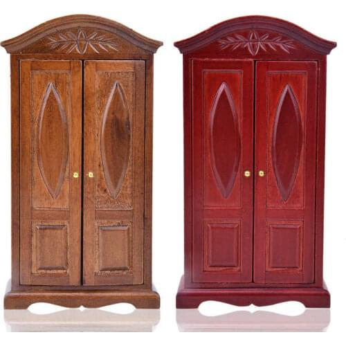 1:12 Mini Vintage Wooden Double Door Closet Wardrobe Dolls House Accessory Dollhouse Furniture Toys for Children Doll House Toys