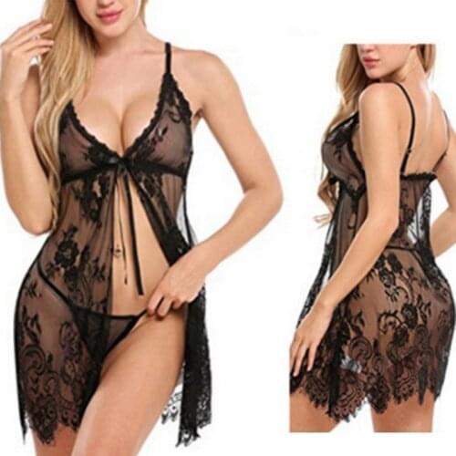 Women Summer Lace Nightgown Sleepwear Pyjamas Negligee Babydoll Sexy Bathrobe Female Home Clothes Red S-XXL