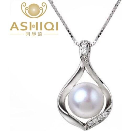 ASHIQI Natural Freshwater Pearl Pendant Necklace Real 925 Sterling Silver Chain Jewelry Gift for Women