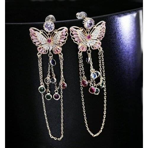 SINZRY hotsale elegant Korean jewelry colorful cubic zircon butterfly tassel long drop earrings for women
