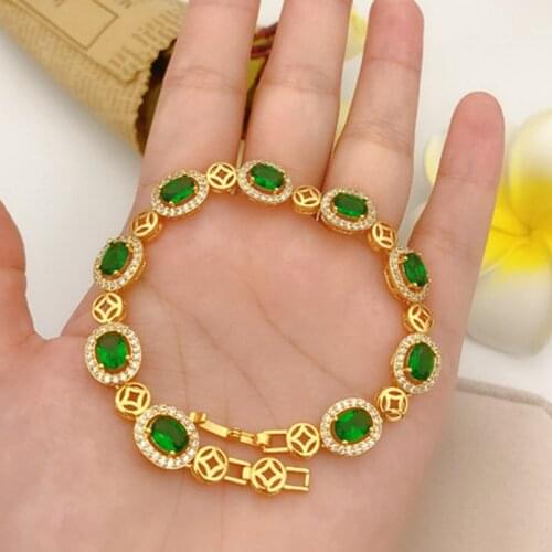 Green Zircon Inlaid Women Bracelet Yellow Gold Filled Classic Girl Shiny Wrist Chain Gift