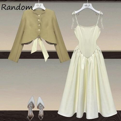 Women 2021 Autumn Winter Dress Suit Bow Jacket Coat Crop Top And Sundress Two Piece Set Outfits Solid Street Sweet Cute Clothing