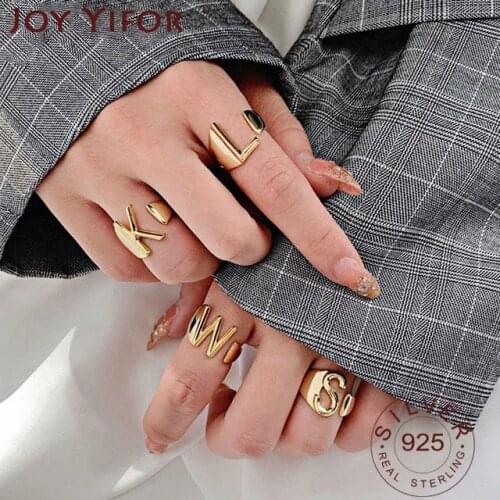 925 Sterling Silver 26 English Letter Rings for Women Fashion Vintage France Gold Plated Irregular Party Jewelry Gifts