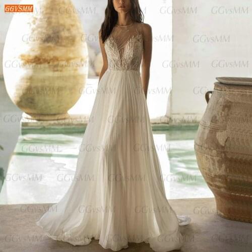 Shiny Beading Wedding Gowns 2021 vestido de novia A Line Chiffon Lace Appliqued O Neck abito da sposa Custom Made Bride Dresses