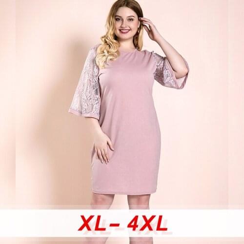 2020 New Lace O Neck Dresses Pink Women Dresses Flare Sleeve Casual Elegant Embroidered Floral Dress Autumn Plus Size Women