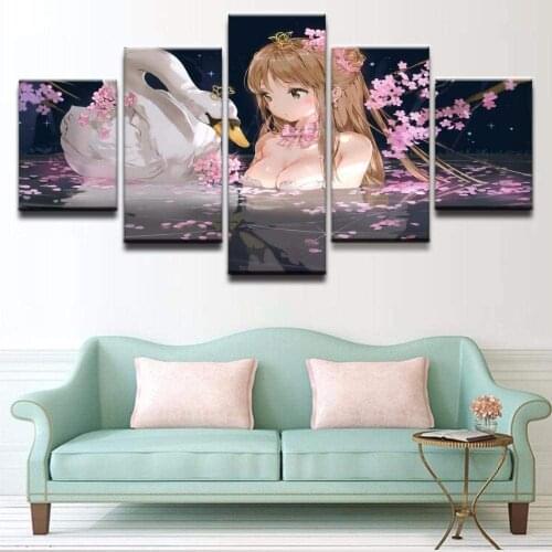 5 Piece Canvas Wall Art Anime Manga Swan Maiden Modular Pictures Figure Posters Modern Home Living Room Decoration Paintings