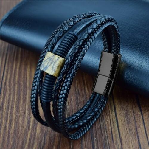 New Mens Jewelry Natural Square Stone Beads Bracelet Black Braided Leather Rope Stainless Steel Magnetic Clasp for Male Bangles