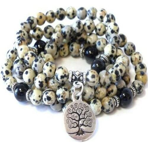 6MM Spotted Stone Bracelet 108 Beads Tree Of Life Pendant Energy Reiki Spirituality Mala Healing Buddhism Wrist Handmade Yoga