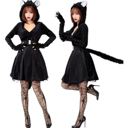 Black Cat Cosplay Hooded Fancy Dress Halloween Costumes For Adult Women