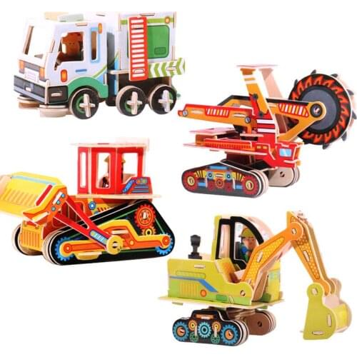 Children Wooden 3D Puzzle Imposition DIY Puzzles Vehicle Toys Manual Bulldozer Excavator Simulation Small Model Kids Wood Toy