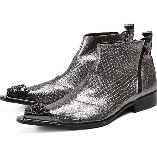 Factory Sell western classic sliver genuine leather ankle army boots metal steel toe work shoes men botas hombre rock shoes 2018
