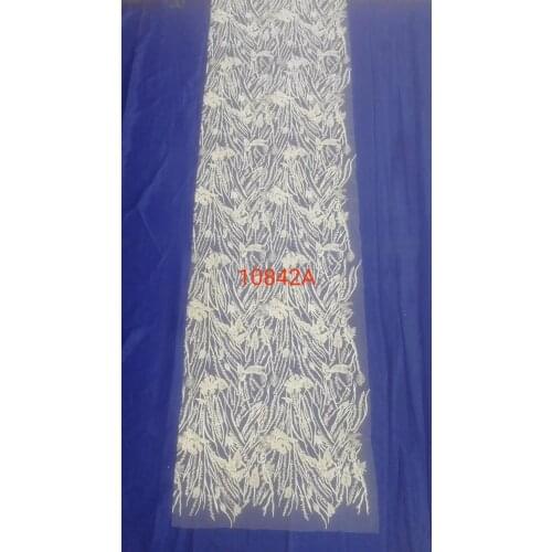 Good quality 5yards 10842A# offwhite heavy beads sequin embroidery net mesh lace fabric for sawing evening bridal wedding dress