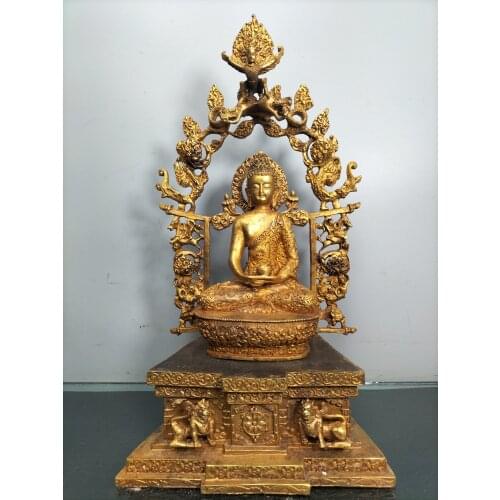 16"Chinese Folk Collection Old Bronze Gilt Three Body Buddha Shakyamuni Buddha Back light Buddha Terrace Office Ornaments