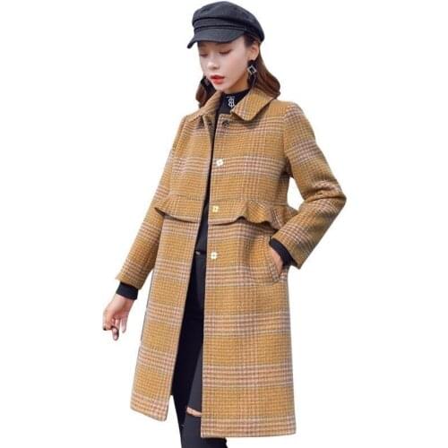 Autumn Winter Blended Wool Coat Women Plaid Jacket Mid-Long Slim Jackets Ladies Single Breasted Elegant Woolen Outerwear X205