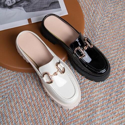 EGTPINAOP Summer Slippers Woman Platform Fashion Genuine Leather Slippers Outdoor Baotou Vintage Metal Fastener Decoration