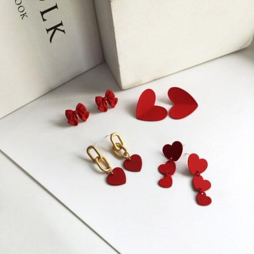 Fashion Red Bowknot Heart Pendant Earrings For Women Girls Classic Design Geometric Charms Stud Ear Jewelry Party Gifts