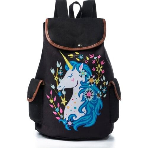 Fashion Cartoon Unicorn Print Canvas Backpack School Girl Drawstring Backpack Travel Rucksack Teenager Girl School Backpack Kids