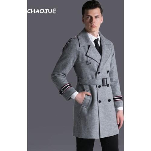 CHAOJUE Brand High Quality Wool Coat British Mens Medium Length Striped Spliced Woolen Coats Male Causal Business Outwear Sales