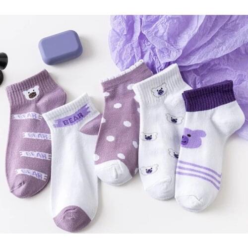 New Women Socks Cotton Thin Spring Summer Purple White Bear Pattern Casual Girl Sports Breathable Kawaii Crew Cute Socks Pack
