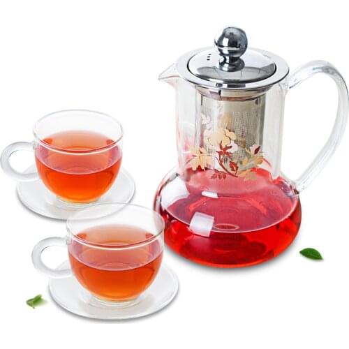 Novelty Glass Tea Pot w/ Stainless Steel Filter & 2PC Teacups w/ Saucers
