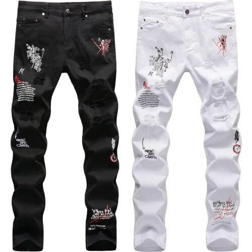 New Mens high street brand hole letter embroidery printing black and white slim small straight personality graffiti jeans 1930