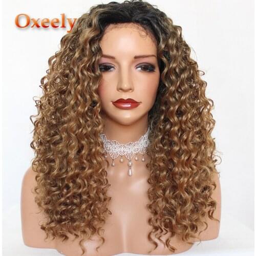 Oxeely Blonde Curly Hair Synthetic Lace Front Wigs Ombre Brown Color Long Kinky Curly Lace Front Wig Glueless for Black Women