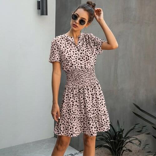 Polka Dot Dress Ladies Leopard Print Casual Black Summer Ruffled Mini Dress Button Purple Waist Fit Dress 2021 Womens Clothing