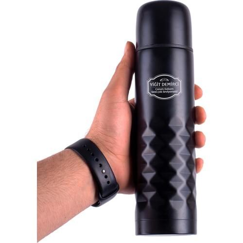 Hediyesec Father Gift Double Layer With Lid Black Steel Thermos Flask 0.50 Liter