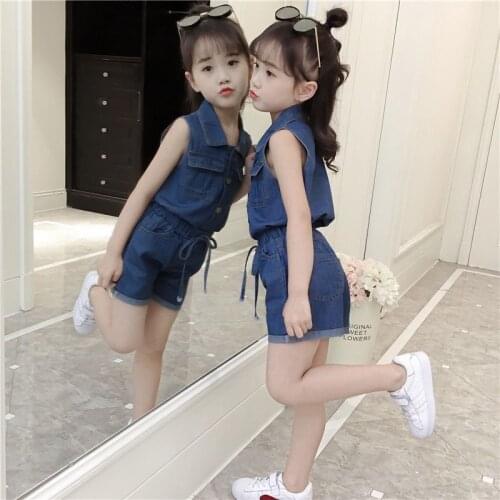 Girls Pants Two-Piece Short 2021 Spring Autumn Denim Vest Blue Single-Breasted Sleeveless Suit Children Clothing 4-12 Years Old