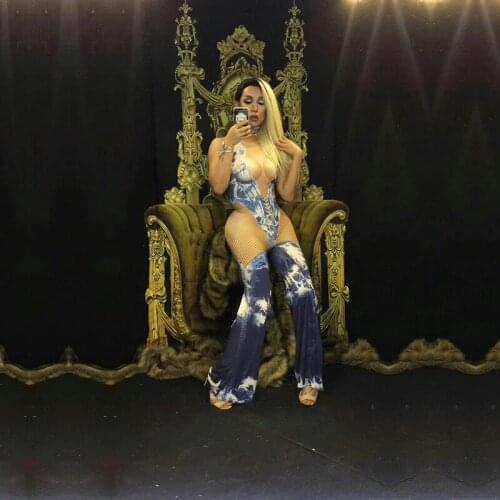 Blue jeans personality deep V sexy flares nightclub party birthday concert singer dancer costume