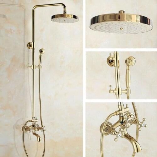 Luxury Gold Color Brass Wall Mounted Rainfall Bathroom Rain Shower Faucet Set Double Cross Handles Bath Tub Mixer Tap agf445