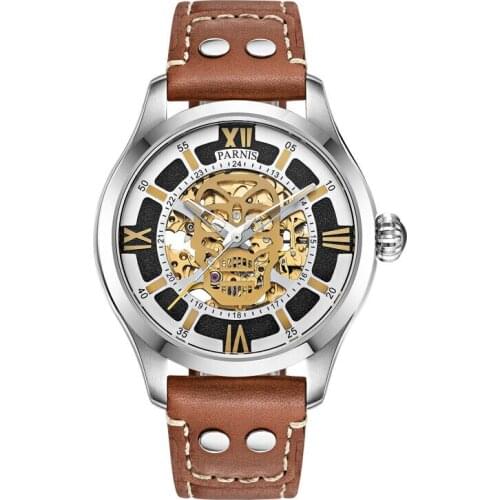 Parnis SKULL II Seriers Luminous Mens Leather Watchband Fashion Automatic Self Wind Mechanical Watch Wristwatch