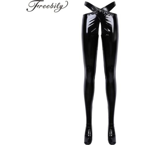 Womens Erotic Lingerie Crotchless Pants Wet Look Patent Leather Skinny Trousers Open Crotch Leggings with Waistband Nightwear