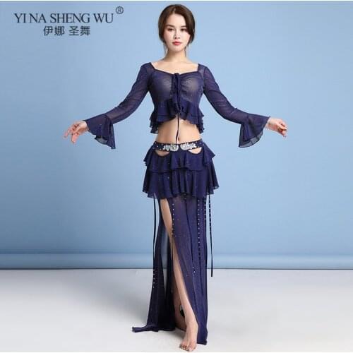 Rhinestones Crystal Belly Dance Suits Women Performance Show Belly Dance Tops Senior 2pcs Belly Dance Skirt Practice Clothes Set