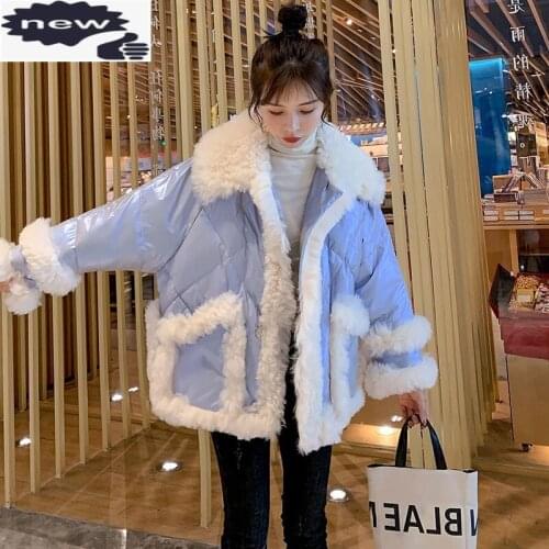 Spliced Lamb Wool Coat Women Winter Loose Turn-down Collar Parkas Streetwear Sweet Thick Warm Casual Outerwear Cotton Jacket