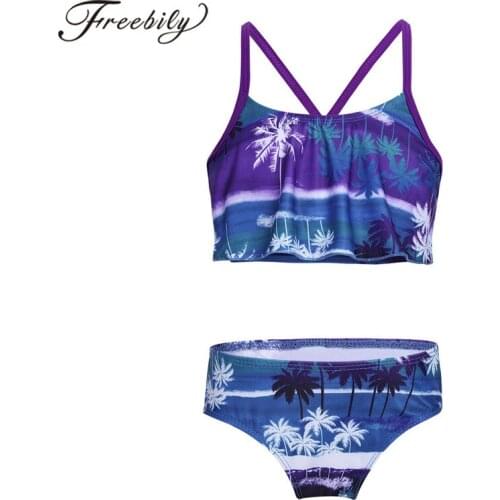 2PCS Girls Two-Piece Suits Kids Tankini Swimsuit Tropical Palm Printed Flounce Swim Tops with Bottoms Girl Swimwear Bathing Suit